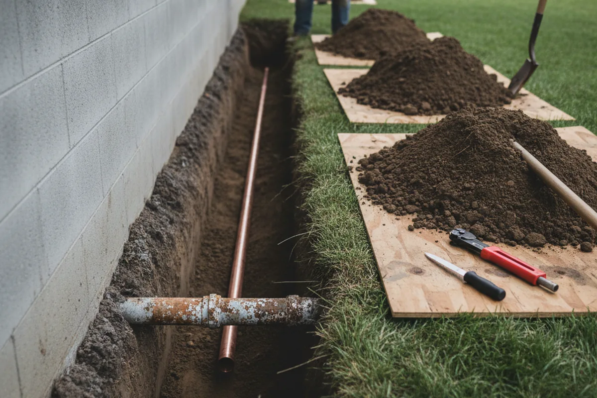 Excavated water line trench during Sewer Line Repair in Windfall